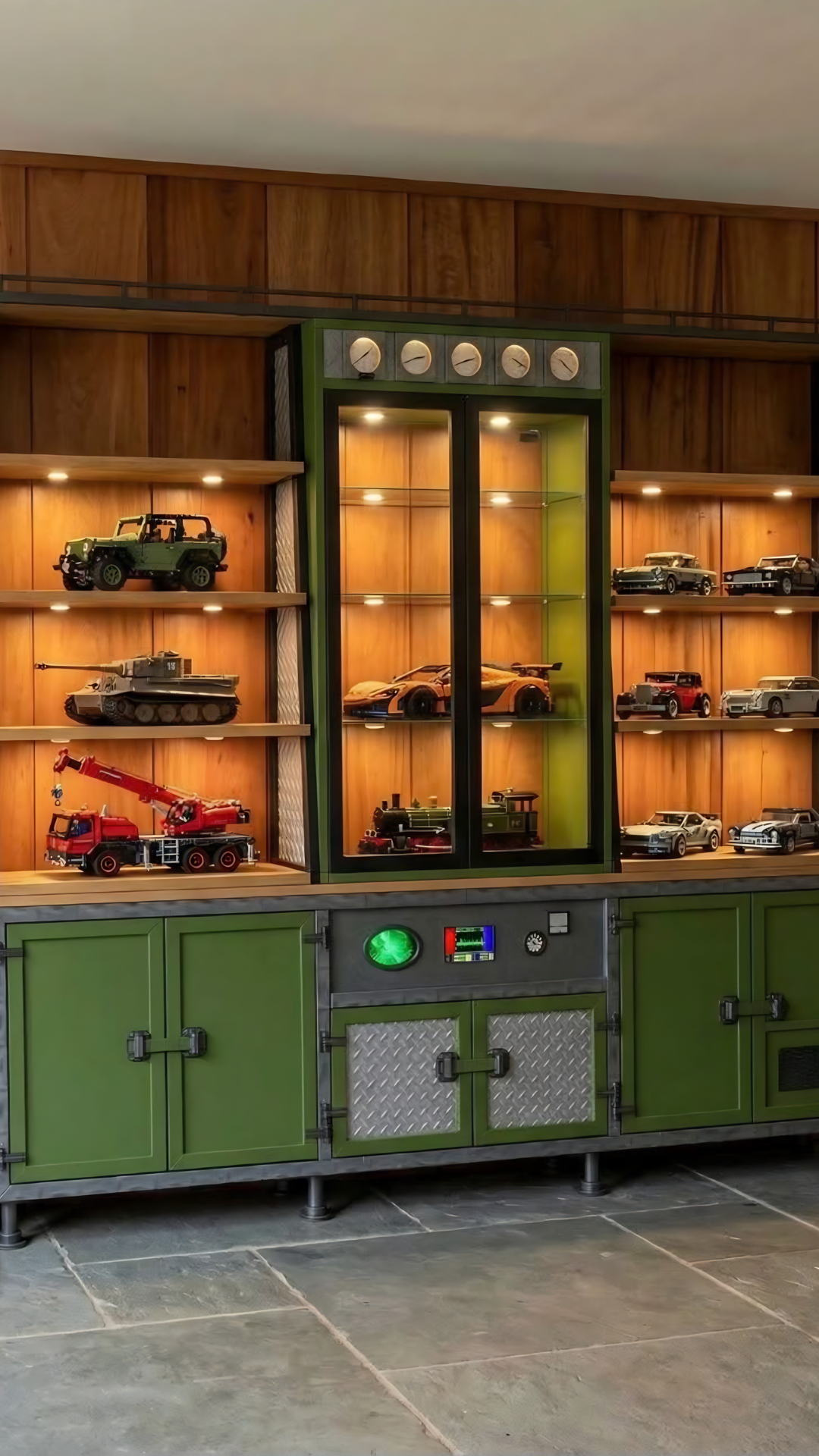 Custom-built green steel and timber display cabinet with lit shelving