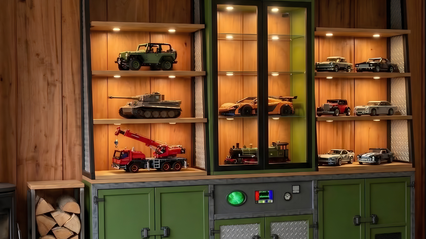 Custom-built green steel and timber display cabinet with lit shelving